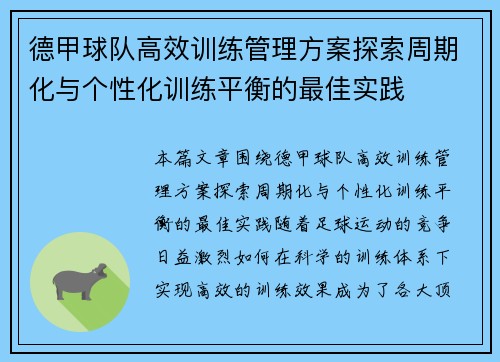 德甲球队高效训练管理方案探索周期化与个性化训练平衡的最佳实践